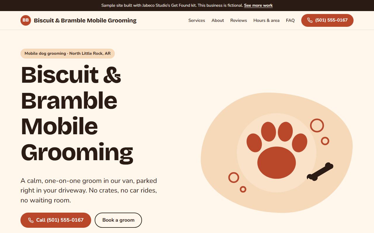 Screenshot of the Biscuit & Bramble Mobile Grooming sample site