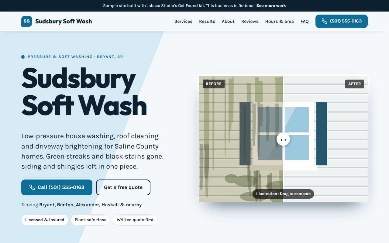 Screenshot of the Sudsbury Soft Wash sample site