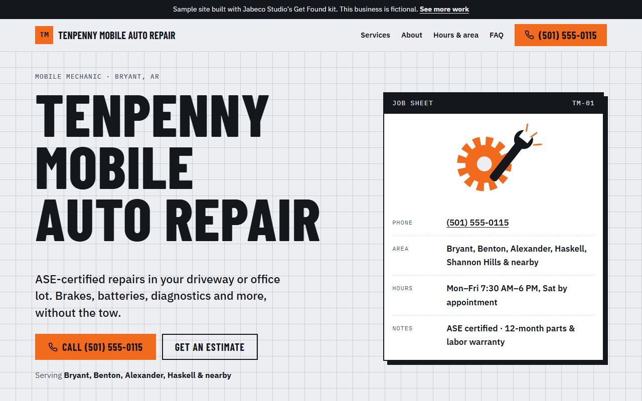 Screenshot of the Tenpenny Mobile Auto Repair sample site